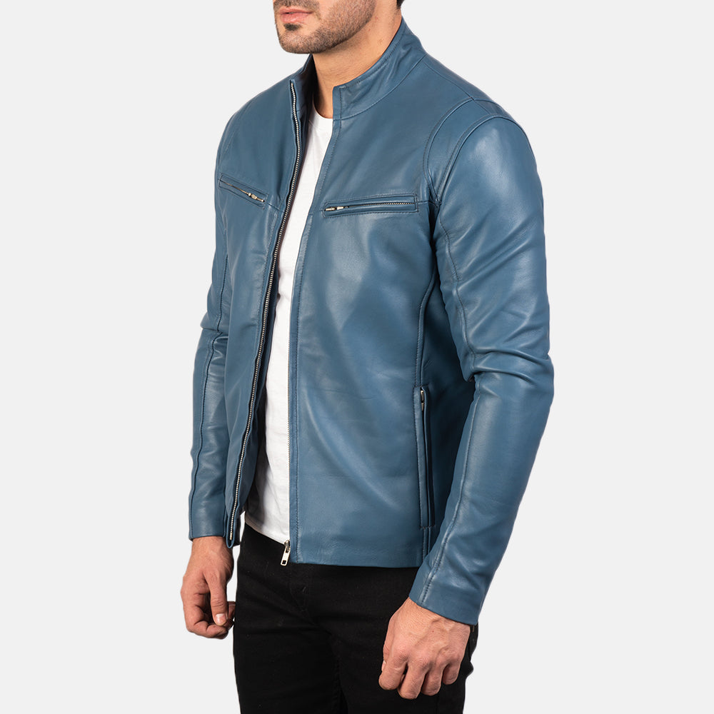 Blue Leather Biker Jacket