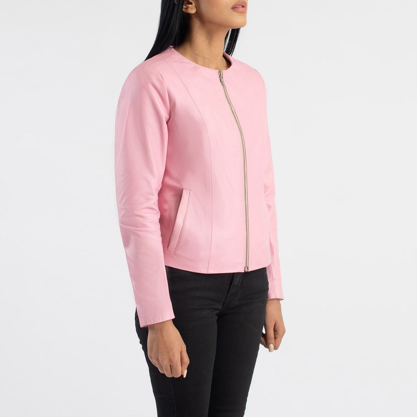 Pink Collarless Leather Jacket