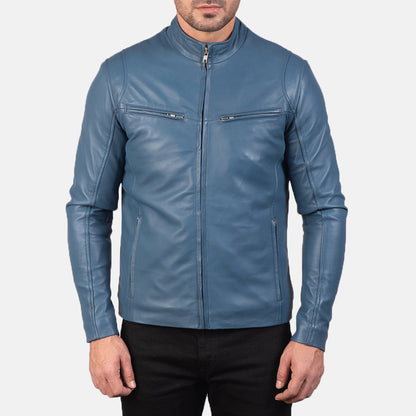 Blue Leather Biker Jacket