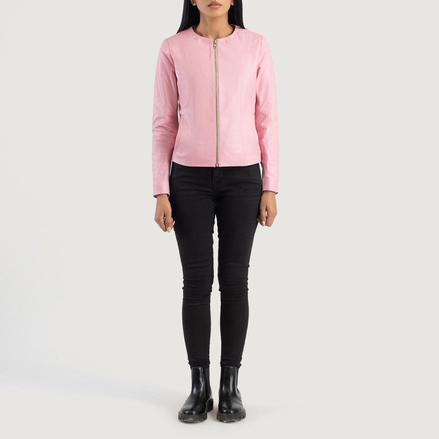 Pink Collarless Leather Jacket