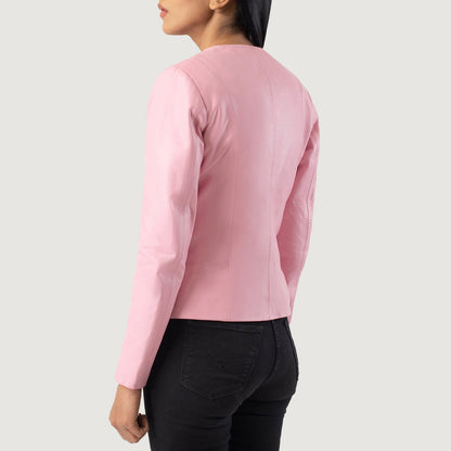 Pink Collarless Leather Jacket